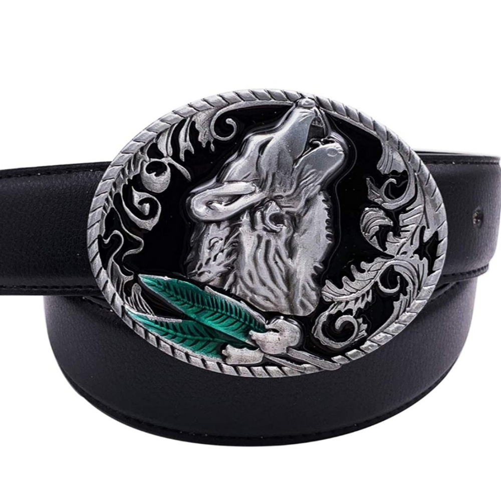 New silver wolf and feathers belt buckle.